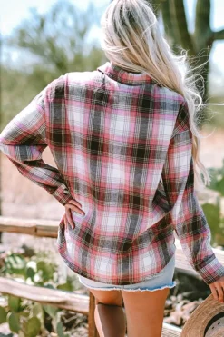 Discount Dear-Lover Plaid Flap Pocket Button Up Shacket Pink