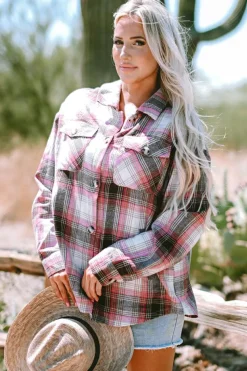 Discount Dear-Lover Plaid Flap Pocket Button Up Shacket Pink
