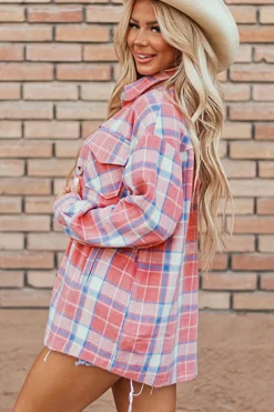 Hot Dear-Lover Plaid Flap Pocket Button Up Shacket Pink