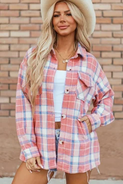 Hot Dear-Lover Plaid Flap Pocket Button Up Shacket Pink