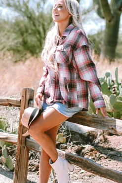 Discount Dear-Lover Plaid Flap Pocket Button Up Shacket Pink