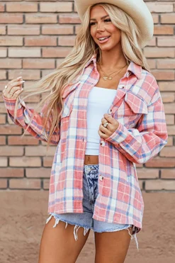 Hot Dear-Lover Plaid Flap Pocket Button Up Shacket Pink