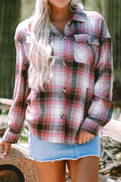 Discount Dear-Lover Plaid Flap Pocket Button Up Shacket Pink