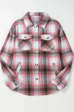Discount Dear-Lover Plaid Flap Pocket Button Up Shacket Pink