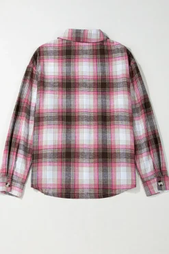 Discount Dear-Lover Plaid Flap Pocket Button Up Shacket Pink
