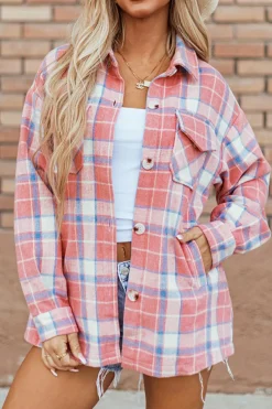 Hot Dear-Lover Plaid Flap Pocket Button Up Shacket Pink