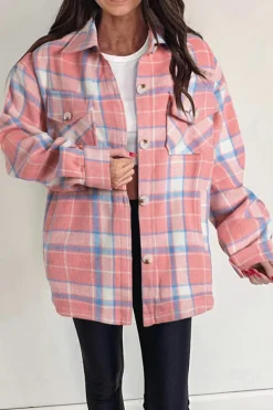 Hot Dear-Lover Plaid Flap Pocket Button Up Shacket Pink