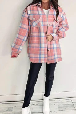 Hot Dear-Lover Plaid Flap Pocket Button Up Shacket Pink