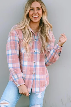 New Dear-Lover Plaid Flap Pocket Flannel Shacket Pink