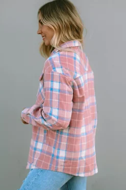 New Dear-Lover Plaid Flap Pocket Flannel Shacket Pink