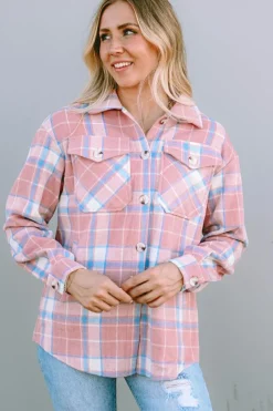 New Dear-Lover Plaid Flap Pocket Flannel Shacket Pink