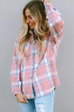New Dear-Lover Plaid Flap Pocket Flannel Shacket Pink