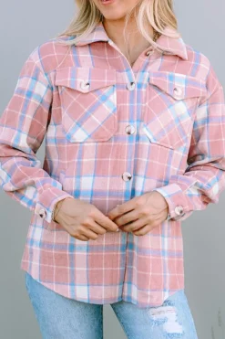 New Dear-Lover Plaid Flap Pocket Flannel Shacket Pink