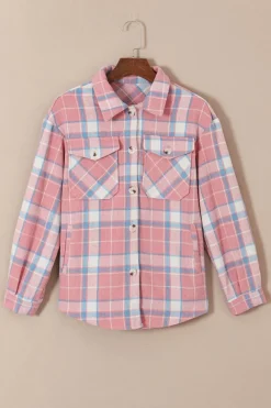 New Dear-Lover Plaid Flap Pocket Flannel Shacket Pink