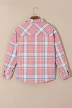 New Dear-Lover Plaid Flap Pocket Flannel Shacket Pink