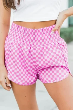Hot Dear-Lover Pink Plaid High Waisted Athletic Shorts Pink-2