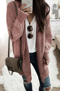 Fashion Dear-Lover Plaid Knitted Long Open Front Cardigan Pink
