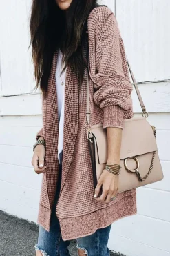 Fashion Dear-Lover Plaid Knitted Long Open Front Cardigan Pink