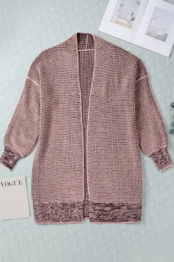 Fashion Dear-Lover Plaid Knitted Long Open Front Cardigan Pink