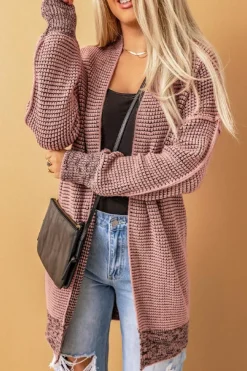 Fashion Dear-Lover Plaid Knitted Long Open Front Cardigan Pink