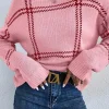 Hot Dear-Lover Plaid Pattern Knitted Drop Shoulder Sweater Pink