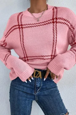 Hot Dear-Lover Plaid Pattern Knitted Drop Shoulder Sweater Pink