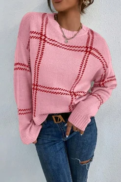 Hot Dear-Lover Plaid Pattern Knitted Drop Shoulder Sweater Pink
