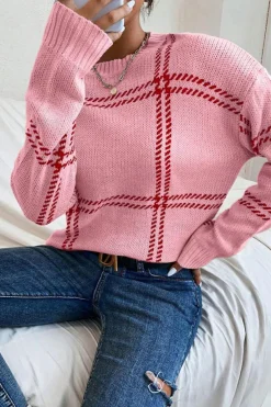 Hot Dear-Lover Plaid Pattern Knitted Drop Shoulder Sweater Pink