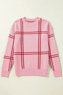 Hot Dear-Lover Plaid Pattern Knitted Drop Shoulder Sweater Pink