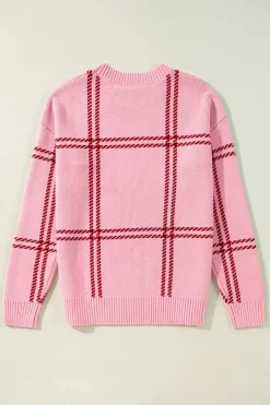 Hot Dear-Lover Plaid Pattern Knitted Drop Shoulder Sweater Pink