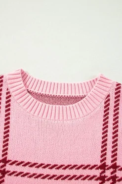 Hot Dear-Lover Plaid Pattern Knitted Drop Shoulder Sweater Pink