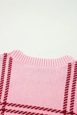 Hot Dear-Lover Plaid Pattern Knitted Drop Shoulder Sweater Pink