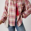 Clearance Dear-Lover Plaid Print Chest Pocket Long Sleeve Shacket Pink