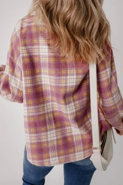 Clearance Dear-Lover Plaid Print Chest Pocket Long Sleeve Shacket Pink