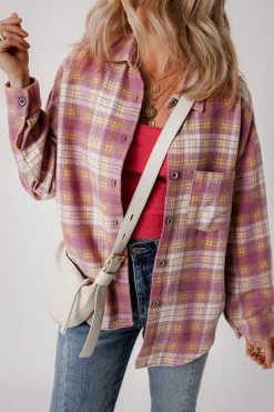 Clearance Dear-Lover Plaid Print Chest Pocket Long Sleeve Shacket Pink