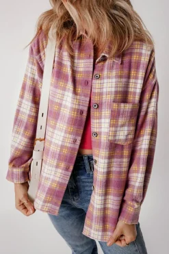 Clearance Dear-Lover Plaid Print Chest Pocket Long Sleeve Shacket Pink