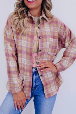 Clearance Dear-Lover Plaid Print Chest Pocket Long Sleeve Shacket Pink