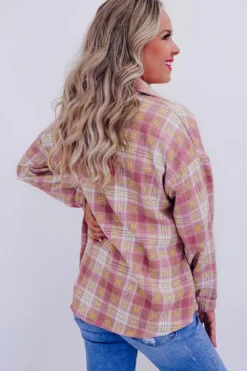 Clearance Dear-Lover Plaid Print Chest Pocket Long Sleeve Shacket Pink