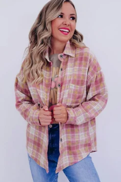 Clearance Dear-Lover Plaid Print Chest Pocket Long Sleeve Shacket Pink