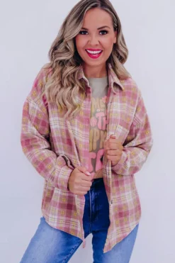 Clearance Dear-Lover Plaid Print Chest Pocket Long Sleeve Shacket Pink