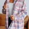 Fashion Dear-Lover Plaid Print Color Block Collared Flap Pockets Loose Shacket Pink