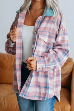 Fashion Dear-Lover Plaid Print Color Block Collared Flap Pockets Loose Shacket Pink