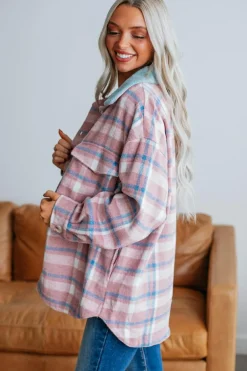 Fashion Dear-Lover Plaid Print Color Block Collared Flap Pockets Loose Shacket Pink
