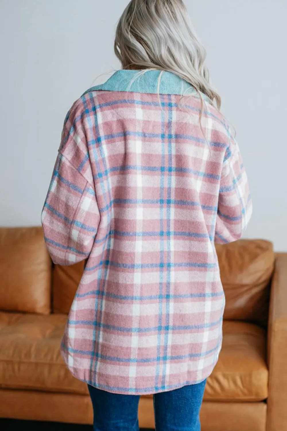 Fashion Dear-Lover Plaid Print Color Block Collared Flap Pockets Loose Shacket Pink
