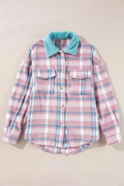 Fashion Dear-Lover Plaid Print Color Block Collared Flap Pockets Loose Shacket Pink