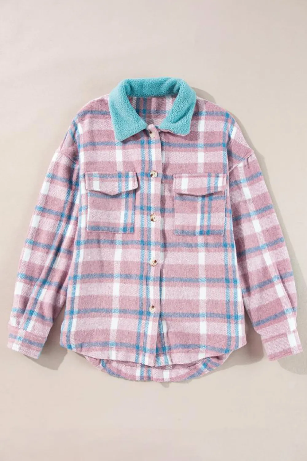 Fashion Dear-Lover Plaid Print Color Block Collared Flap Pockets Loose Shacket Pink