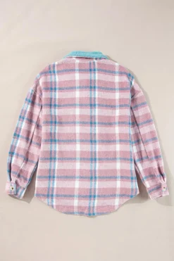 Fashion Dear-Lover Plaid Print Color Block Collared Flap Pockets Loose Shacket Pink