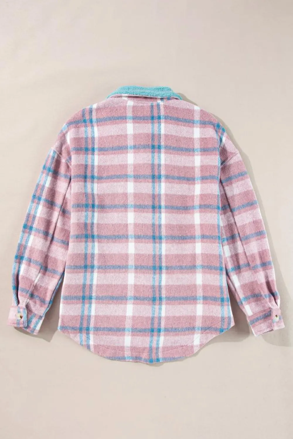 Fashion Dear-Lover Plaid Print Color Block Collared Flap Pockets Loose Shacket Pink