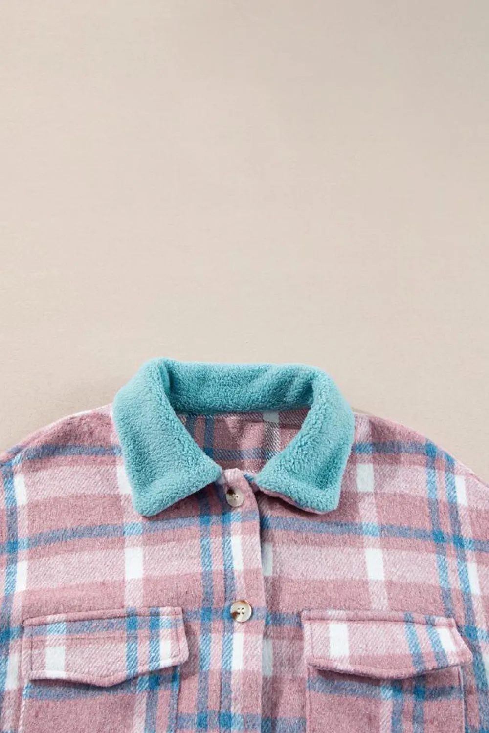 Fashion Dear-Lover Plaid Print Color Block Collared Flap Pockets Loose Shacket Pink