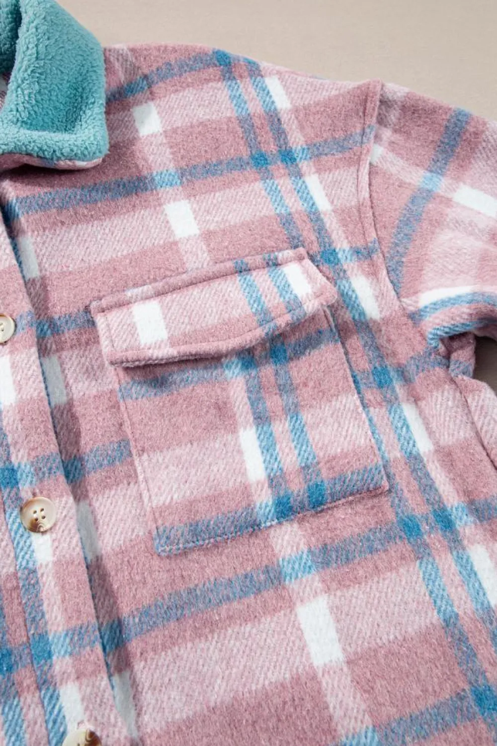 Fashion Dear-Lover Plaid Print Color Block Collared Flap Pockets Loose Shacket Pink
